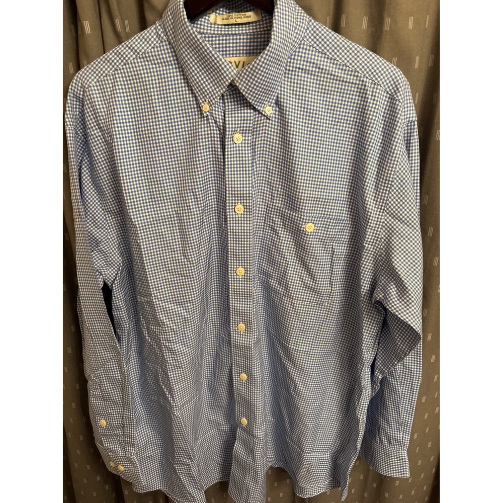 Orvis Mens Blue White Gingham Check Button Down Shirt Long Sleeve Cotton Large